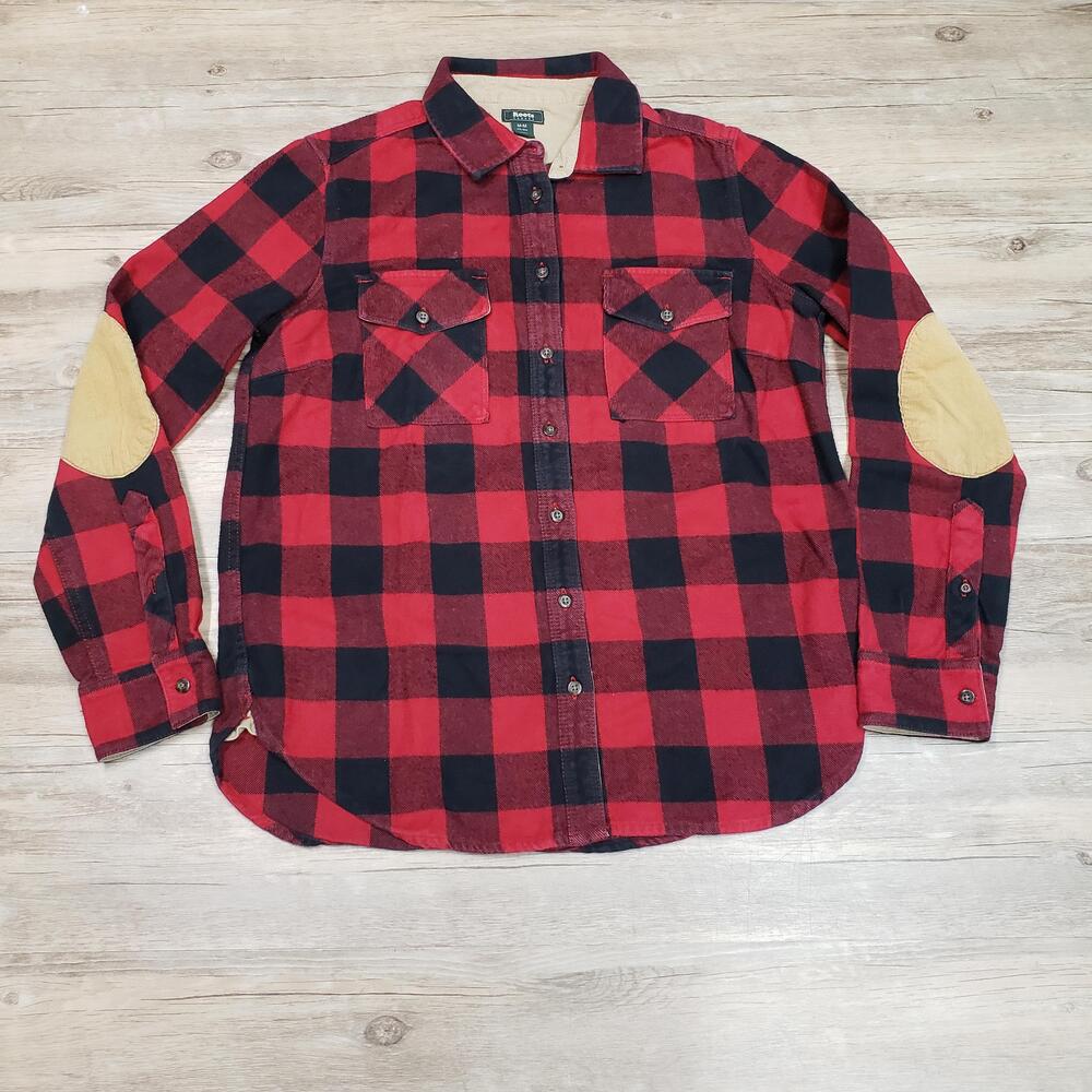Roots Canada Shirt Womens Medium Red Black Plaid Flannel Elbow Patch Button Down